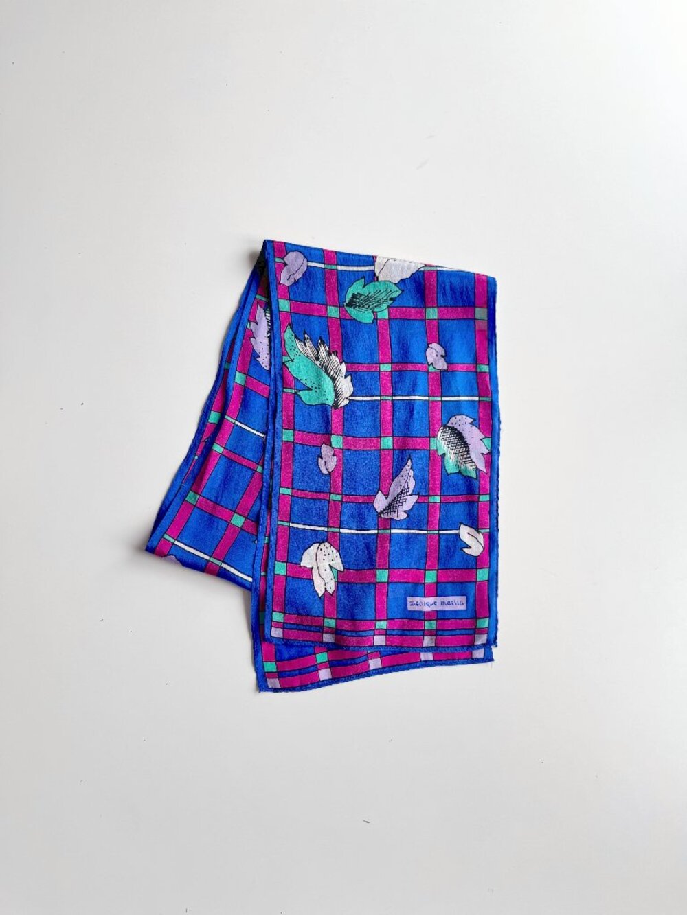 Vintage MONIQUE MARTIN Blue Check 100% Silk Crepe 57" x 8.5" Rectangle Scarf
